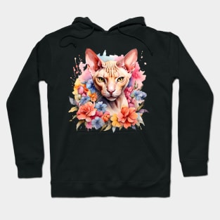 A sphynx cat decorated with beautiful watercolor flowers Hoodie